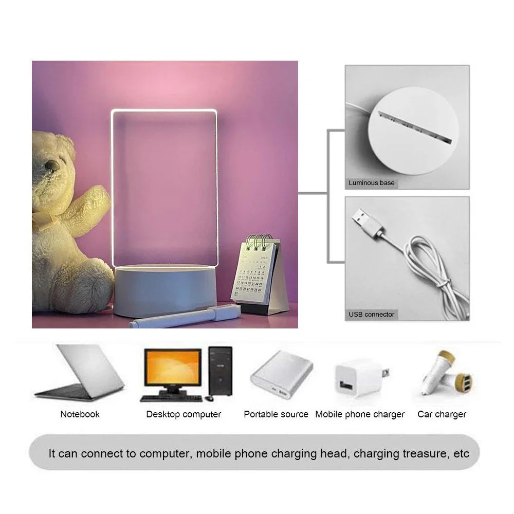 GlowNote® LED Message Board Night Light – USB-Powered Rewritable Acrylic