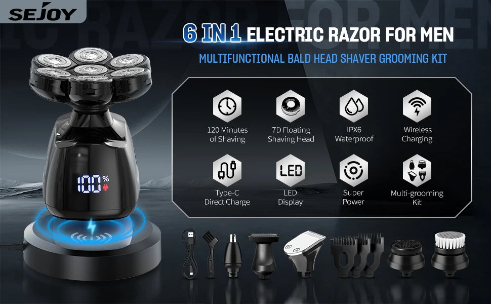 SEJOY 6-in-1 7D Electric Head Shaver – The Ultimate Bald Men’s Grooming Kit