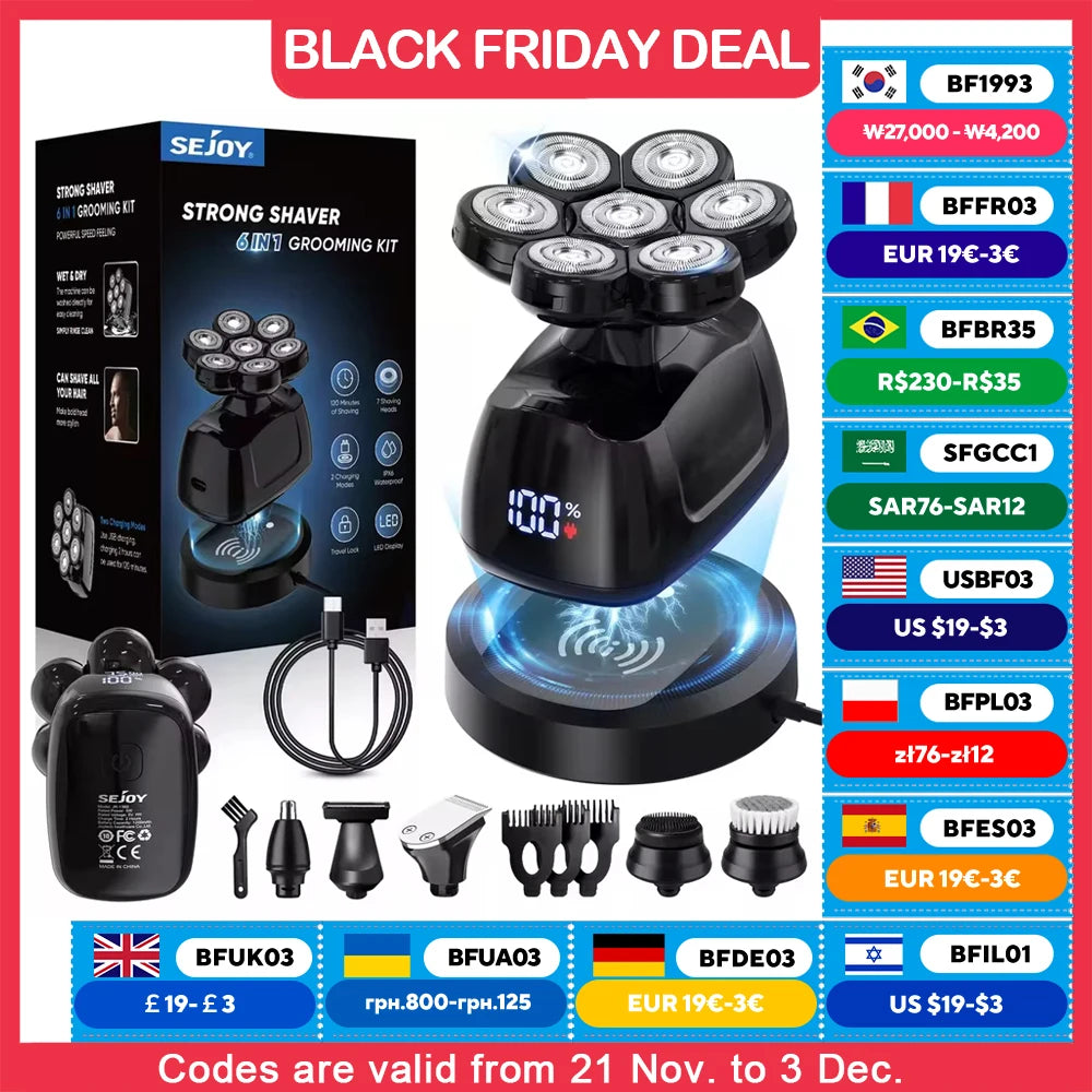 SEJOY 6-in-1 7D Electric Head Shaver – The Ultimate Bald Men’s Grooming Kit